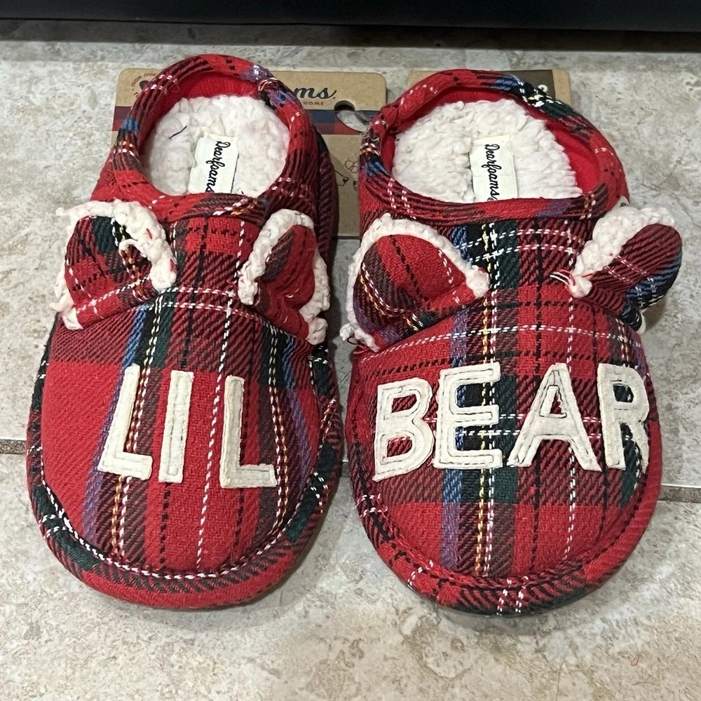 Dearfoams LIL BEAR Slippers Size 11-12 Blue White Red Plaid Child's Kid's‎ NEW